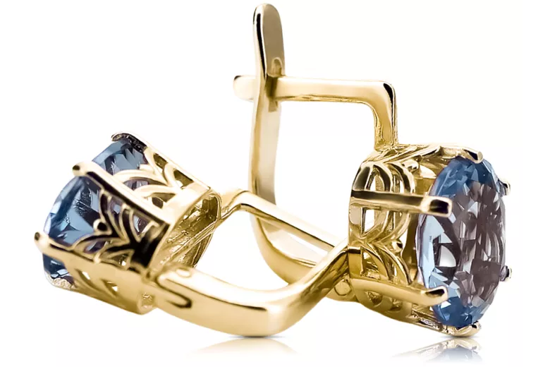 Oro amarillo de 8 quilates 333 Aquamarine pendientes vec003x-aq Ruso Soviético URSS Artesanía vintage Art Deco style